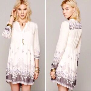 Free People Sierra Valley Tunic Mini Dress Cream Purple Long Sleeve Womens XS